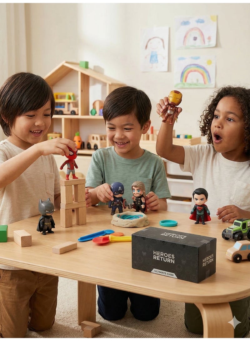 AVENGERS Heroes Return Avengers 6-Piece Ultimate Chibi Superhero Action Figure Set – 10cm Premium Mini Marvel Collectible Figures – Includes Spider-Man, Iron Man, Batman, Superman, Thor & Captain America – Birthday Eid Toy Gift for Kids & Collectors Age 1+ - Image 5