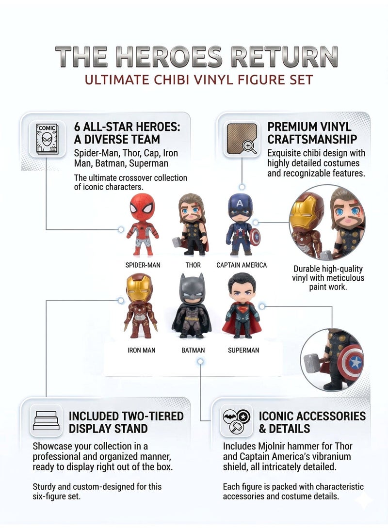AVENGERS Heroes Return Avengers 6-Piece Ultimate Chibi Superhero Action Figure Set – 10cm Premium Mini Marvel Collectible Figures – Includes Spider-Man, Iron Man, Batman, Superman, Thor & Captain America – Birthday Eid Toy Gift for Kids & Collectors Age 1+ - Image 3