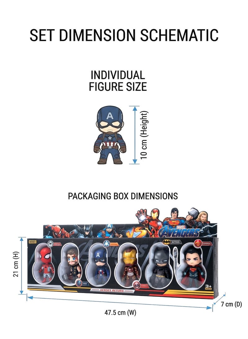 AVENGERS Heroes Return Avengers 6-Piece Ultimate Chibi Superhero Action Figure Set – 10cm Premium Mini Marvel Collectible Figures – Includes Spider-Man, Iron Man, Batman, Superman, Thor & Captain America – Birthday Eid Toy Gift for Kids & Collectors Age 1+ - Image 4