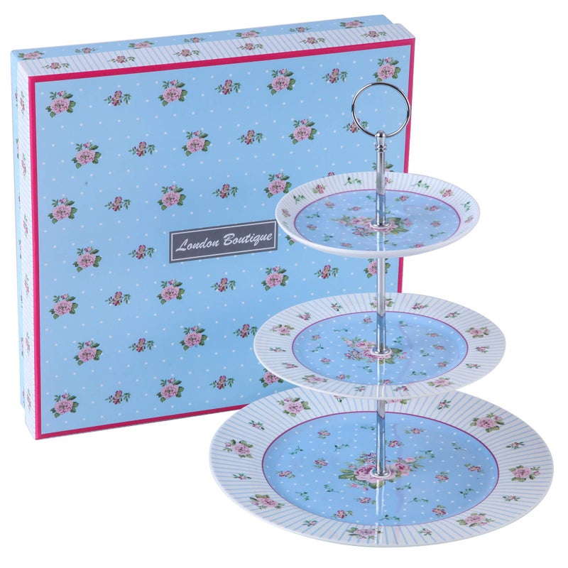 London Boutique London Boutique 3 Tiered Cake Stands Afternoon Tea Porcelain Shabby Chic Vintage Rose Flora in Gift Box Rose Blue 