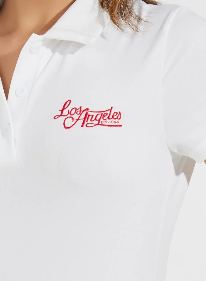 Styli Fitted Embroidery Slogan Polo T-Shirt