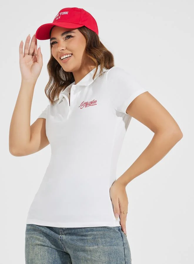 Styli Fitted Embroidery Slogan Polo T-Shirt