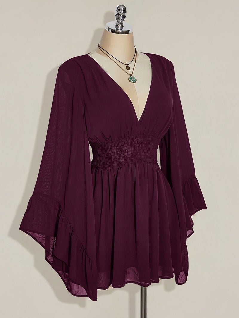 V-Neck Ruched Waist A-Line Flared Sleeve Dress, Bohemian Hippie Y2K Style, Suitable for Spring Summer Fall Wear, Nomadic Flair, Summer Vacation, Music Festival, Graduation Season Back-To-... - Image 5