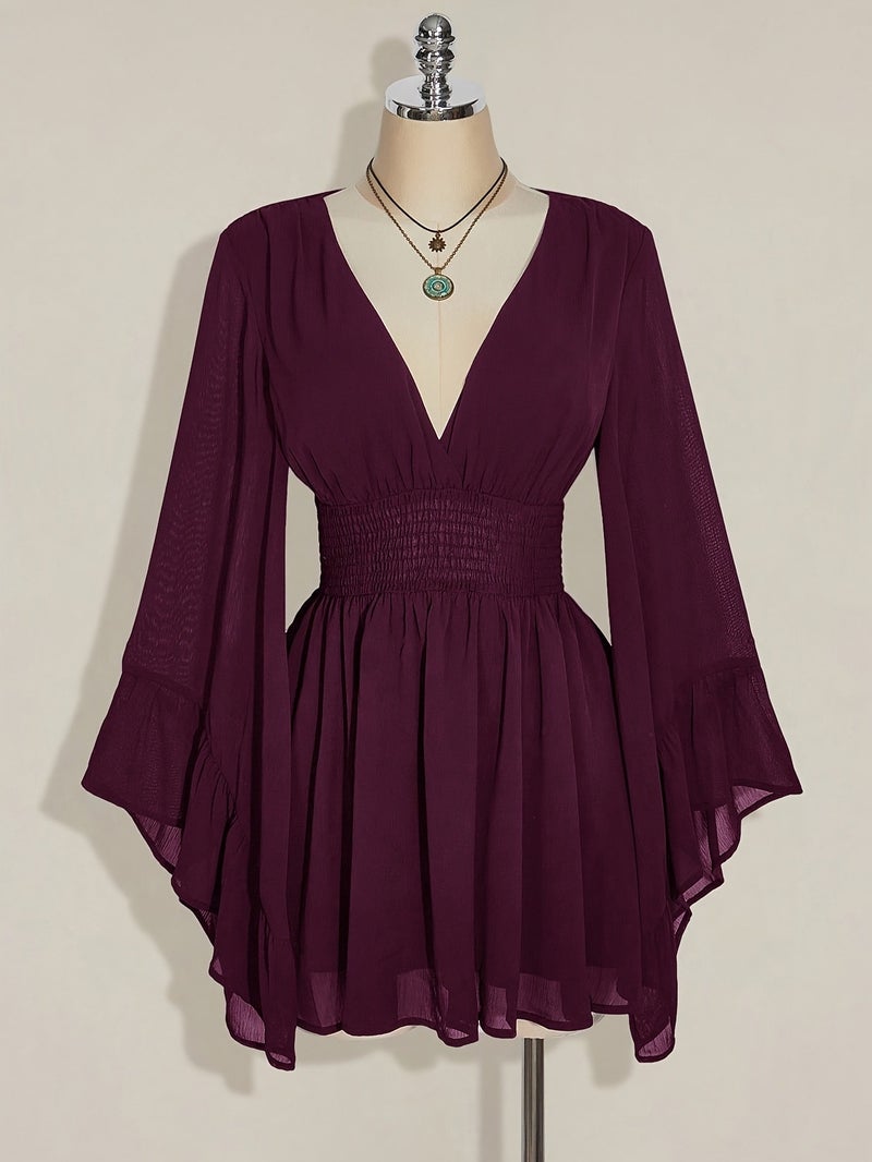 V-Neck Ruched Waist A-Line Flared Sleeve Dress, Bohemian Hippie Y2K Style, Suitable for Spring Summer Fall Wear, Nomadic Flair, Summer Vacation, Music Festival, Graduation Season Back-To-... - Image 2