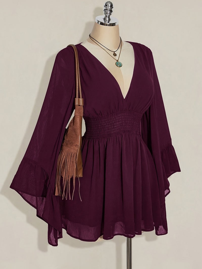 V-Neck Ruched Waist A-Line Flared Sleeve Dress, Bohemian Hippie Y2K Style, Suitable for Spring Summer Fall Wear, Nomadic Flair, Summer Vacation, Music Festival, Graduation Season Back-To-... - Image 4