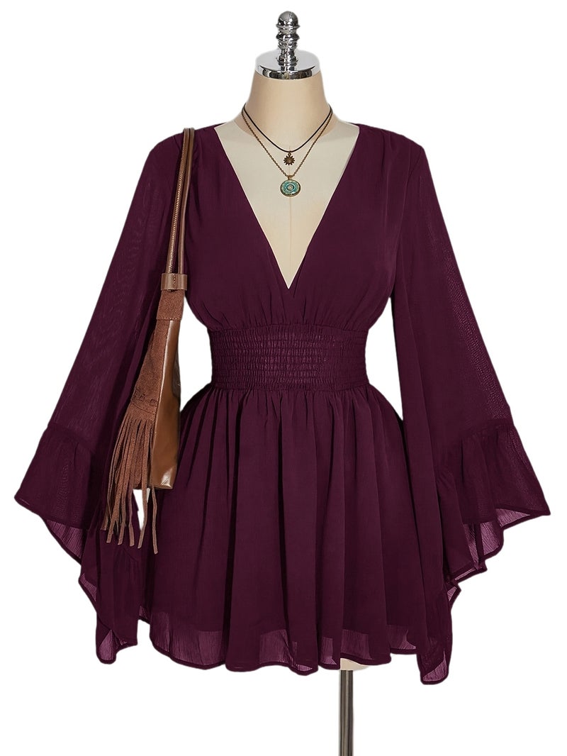 V-Neck Ruched Waist A-Line Flared Sleeve Dress, Bohemian Hippie Y2K Style, Suitable for Spring Summer Fall Wear, Nomadic Flair, Summer Vacation, Music Festival, Graduation Season Back-To-... - Image 1