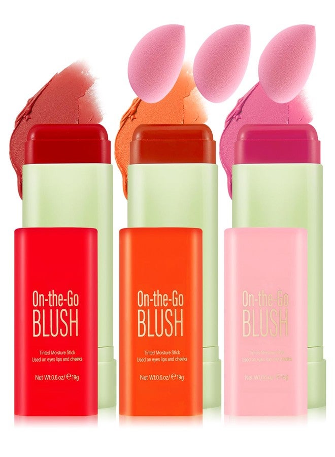 XMXueMei 3 Colors Blush Stick with Makeup Sponges,Matte Solid Cream Blush,Multi-Use Blush Stick for Cheeks,Lips and Eye,High Pigmented Makeup Sticks Set A - Image 1