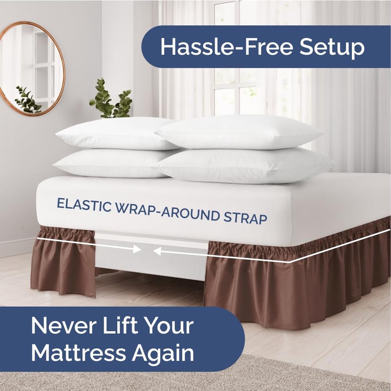 Wrap Around Dust Ruffle Bed Skirt - Brown - Bed Skirt for Full Size Beds with 21 in. Drop - Easy Fit Elastic Strap - Pleated Bedskirt with Brushed Fabric - Machine Wash & Wrinkle Free - by CGK Linens