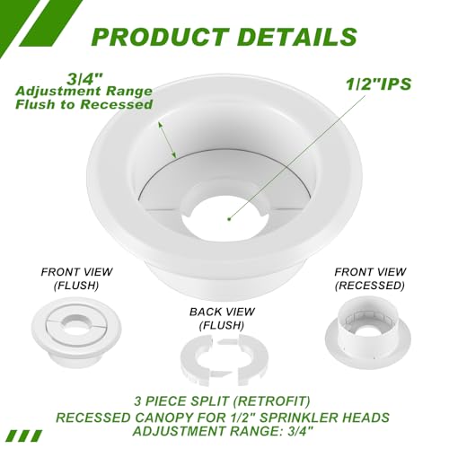 Shimeyao 12 Pcs Retrofit Recessed Fire Sprinkler Escutcheon 12 Ips Split 3 Piece 34 Adjustment Sprinkler Head Cover Plate Trim Ring for Fire Trim Ceiling White - Image 3