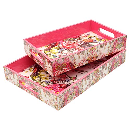 KolorFish Designer MDF Wooden Serving Trays Set | Set of 2 Trays | Special Enamel Coating and 3D Gold Foil Work (Gold Spring - Gold Series) - Image 2