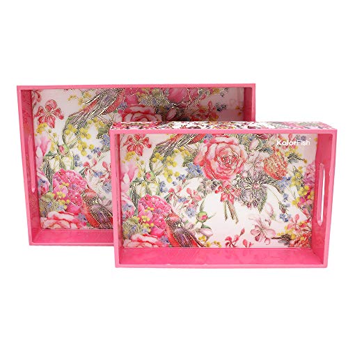 KolorFish Designer MDF Wooden Serving Trays Set | Set of 2 Trays | Special Enamel Coating and 3D Gold Foil Work (Gold Spring - Gold Series) - Image 3