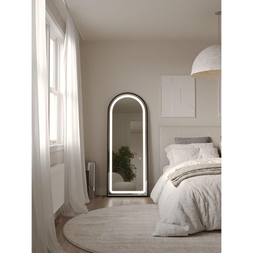 Black Arch Full Length Mirror with 3 color LED Light, Full Body Lighted Mirror. Wall Mounted. Over The Door Arched Mirror, Light Up Hanging Mirror for Bedroom Living Room Size 160 * 70cm
