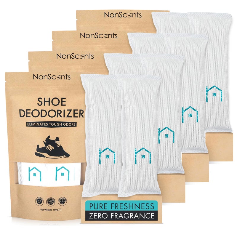 NonScents Shoe Deodorizer 4Pack 8 Count Odor Eliminator Air Freshener Smell Absorber Scent Remover for Shoes Gym Bags Soccer Cleats Closets Pet Area Reusable Shoe Deodorant