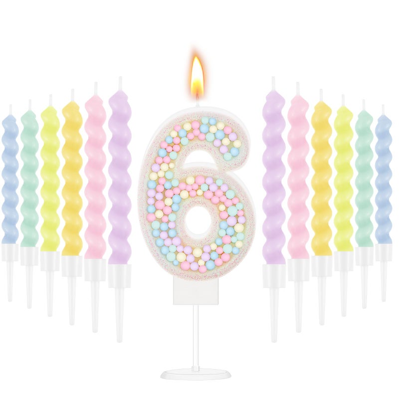 MTLEE Number 6 Birthday Candle with 12 Pcs Spiral Candles for Girls Macaron Pastel Rainbow Unicorn Pink Cake Topper for Sweet Theme Party Decoration