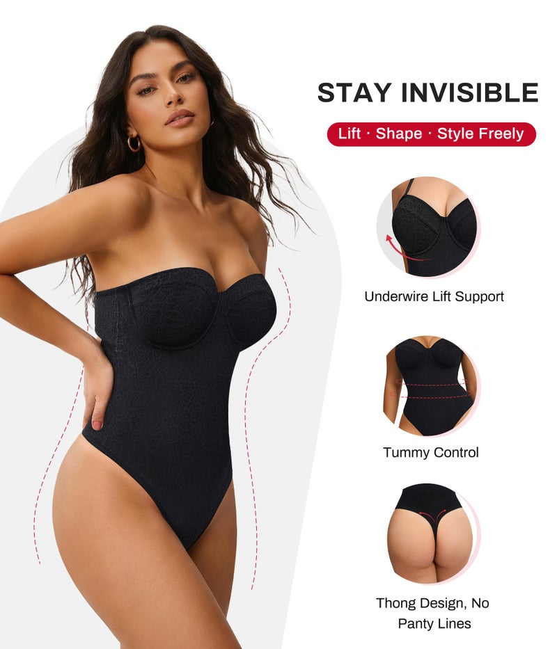 Nebility Strapless Shapewear Bodysuit for Women - Thong Body Suits Tummy Control Tube Top Underwire Lace Corset with Removable Strap - Image 5
