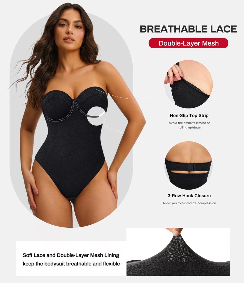Nebility Strapless Shapewear Bodysuit for Women - Thong Body Suits Tummy Control Tube Top Underwire Lace Corset with Removable Strap - Image 2