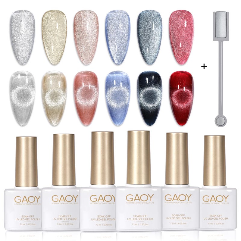 GAOY Holographic Glitter Cat Eye Gel Polish Set of 6 Colors with Free Magnet UV LED Soak Off Nail Polish Home DIY Manicure Nail Salon Varnish - Image 1