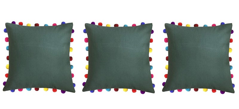 Lushomes Cushion Cover 20x20 Boho Cushion Covers Sofa Pillow Cover Cushion Covers with Tassels Cushion Cover with pom pom 20x20 Inches Set of 3 Olive Green - Image 1