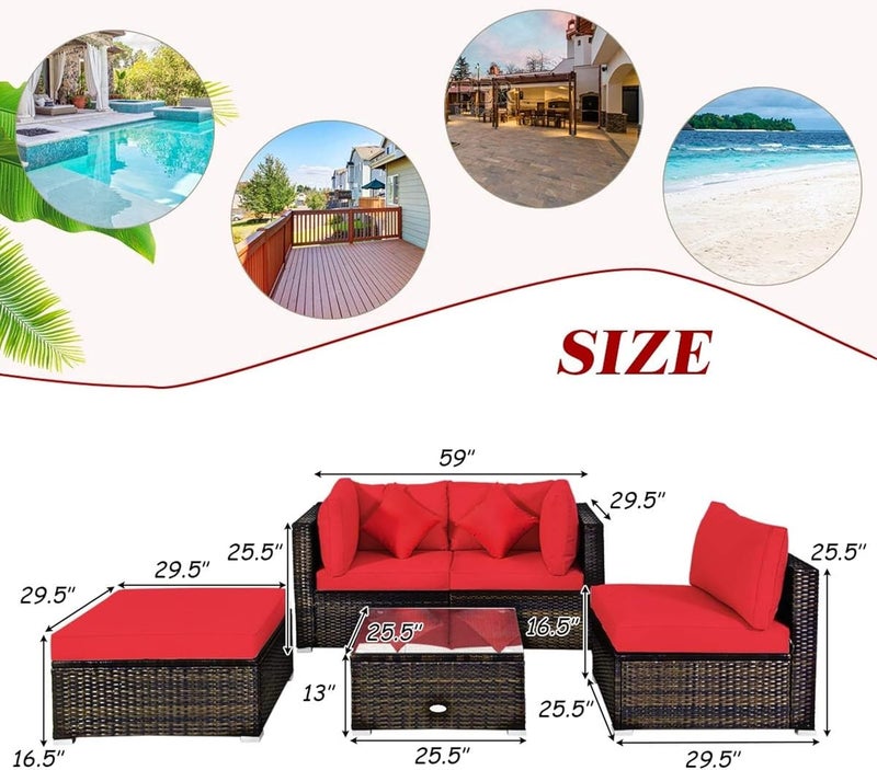 Harmony Home طقم أثاث خارجي من الروطان هارموني هوم – أريكة باتيو مودولار مكونة من 5 قطع مع وسائد حمراء وطاولة قهوة زجاجية – طقم جلوس للحديقة والشرفة والفناء الخلفي - Image 2