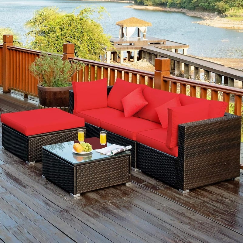 Harmony Home طقم أثاث خارجي من الروطان هارموني هوم – أريكة باتيو مودولار مكونة من 5 قطع مع وسائد حمراء وطاولة قهوة زجاجية – طقم جلوس للحديقة والشرفة والفناء الخلفي - Image 4