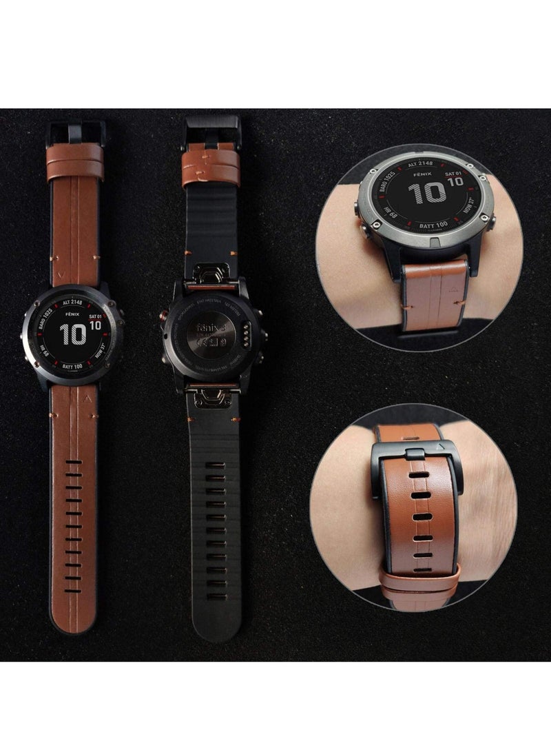 SYOSI Watch Strap for Garmin Fenix 6X/ 5X/ 6/5, 26mm Soft Genuine Leather Hybrid Silicone Sweat Resistant Wristband, Quick and Easy Fit, Sweat Resistant (Brown) - Image 2