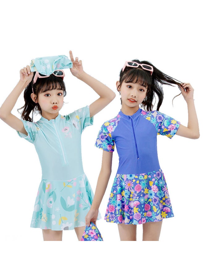 Loquat Children's Swimwear Girls' One-piece Swimwear For Primary School Students Swimwear Hot Spring Beach Girls' Swimwear With Swimwear Cap-Color:1077-3- - Image 2