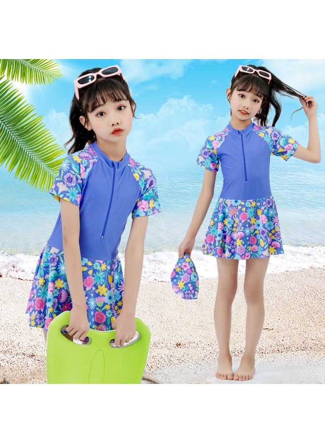 Loquat Children's Swimwear Girls' One-piece Swimwear For Primary School Students Swimwear Hot Spring Beach Girls' Swimwear With Swimwear Cap-Color:1077-3- - Image 3