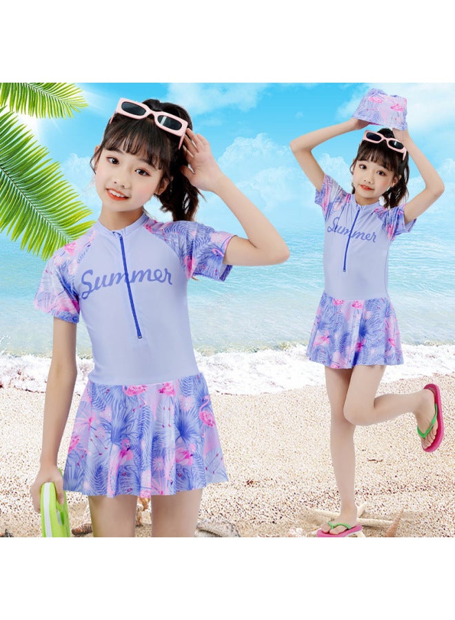 Loquat Children's Swimwear Girls' One-piece Swimwear For Primary School Students Swimwear Hot Spring Beach Girls' Swimwear With Swimwear Cap-Color:1077-3- - Image 4