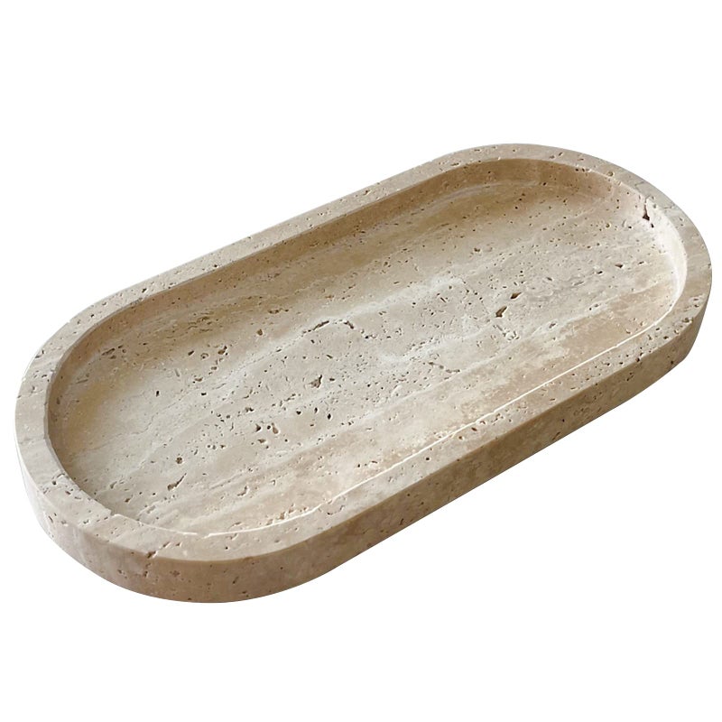 SAIDKOCC Natural Marble Oval Tray Ornaments Vintage Small Tray Storage Dish for Counter Vanity Dresser Nightstand and Desk Beige Travertine