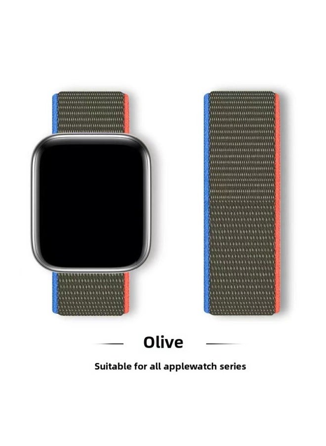 Generic - Suitable For Iwatch1-s9 Strap Light Mint/Ocean Blue Nylon Loop Velcro Wristband For Apple Watch Strap-Color:75# Olive-Specifications:42/44/45/49mm - Image 1