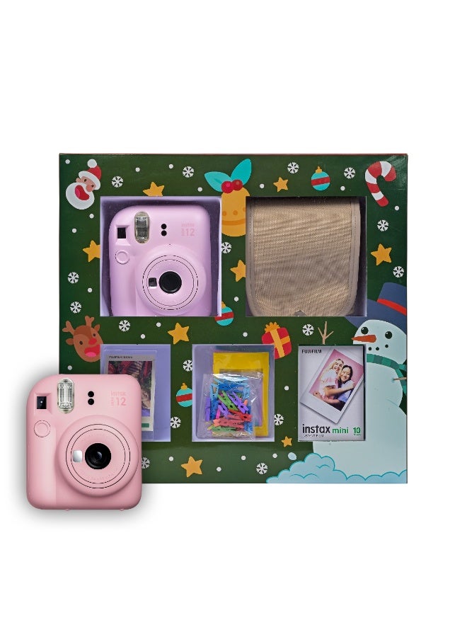 Instax Mini 12 Christmas Gift Box – Pink Instant Mini 12 Camera with Brown Case, White Mini Film, Photo Frame, Pegs and Batteries – Perfect Christmas Gift for Kids, Teens, and Adults - Image 1