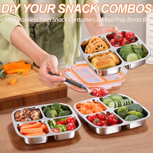 KTKUDY 3 Pack Stainless Steel Snack Containers - Divided Bento Snack Box - 4 Compartment Meal Prep Lunch Containers for Kids Daycare, School, Work, Travel - Image 2