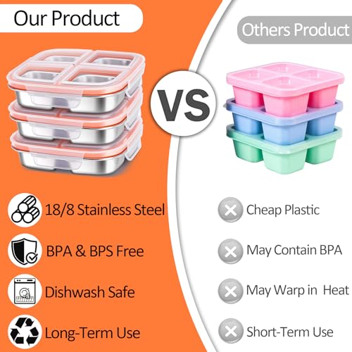 KTKUDY 3 Pack Stainless Steel Snack Containers - Divided Bento Snack Box - 4 Compartment Meal Prep Lunch Containers for Kids Daycare, School, Work, Travel - Image 5
