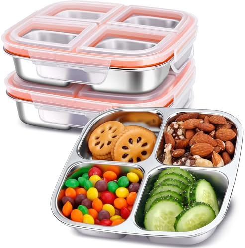 KTKUDY 3 Pack Stainless Steel Snack Containers - Divided Bento Snack Box - 4 Compartment Meal Prep Lunch Containers for Kids Daycare, School, Work, Travel - Image 1