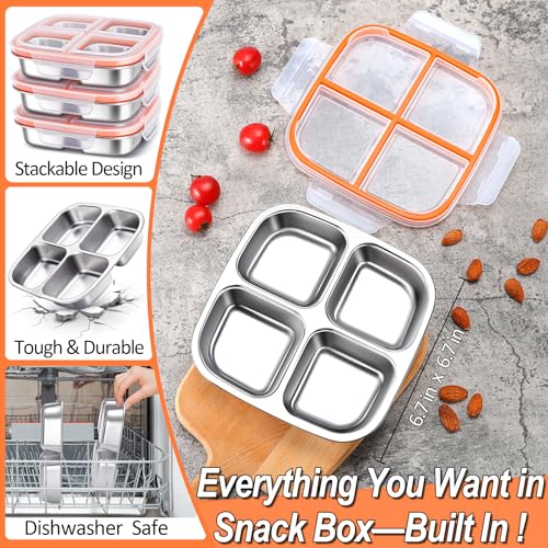 KTKUDY 3 Pack Stainless Steel Snack Containers - Divided Bento Snack Box - 4 Compartment Meal Prep Lunch Containers for Kids Daycare, School, Work, Travel - Image 3