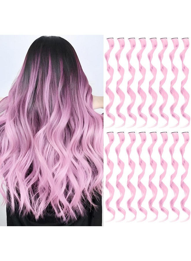 TOFAFA 16 Pcs Colored Hair Extensions Curly Wavy Clip In Synthetic Hairpiece Streak For Girls Women Kid, Multicolors Party Highlights (Light Pink) - Image 1