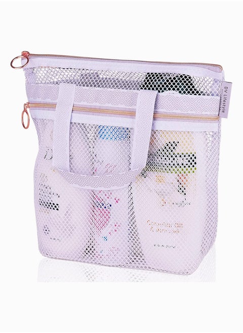 Portable Shower Tote, SYOSI Transparent Mesh Wash Bag, Cosmetic Bag, Travel Wash Bag, Shower Bag with Zipper & 2 Pockets, Ideal for Gym, Travel, Beach, for Sunscreen