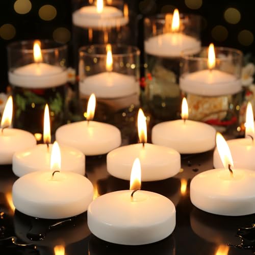 GINITIRI 3 inch White Floating Candles, 48 Pack Unscented Floating Candle,8-9 Hours Burning Floating Candles for Centerpieces, Water Candles for Cylinder Vases, Wedding, Party, Pool - Image 1