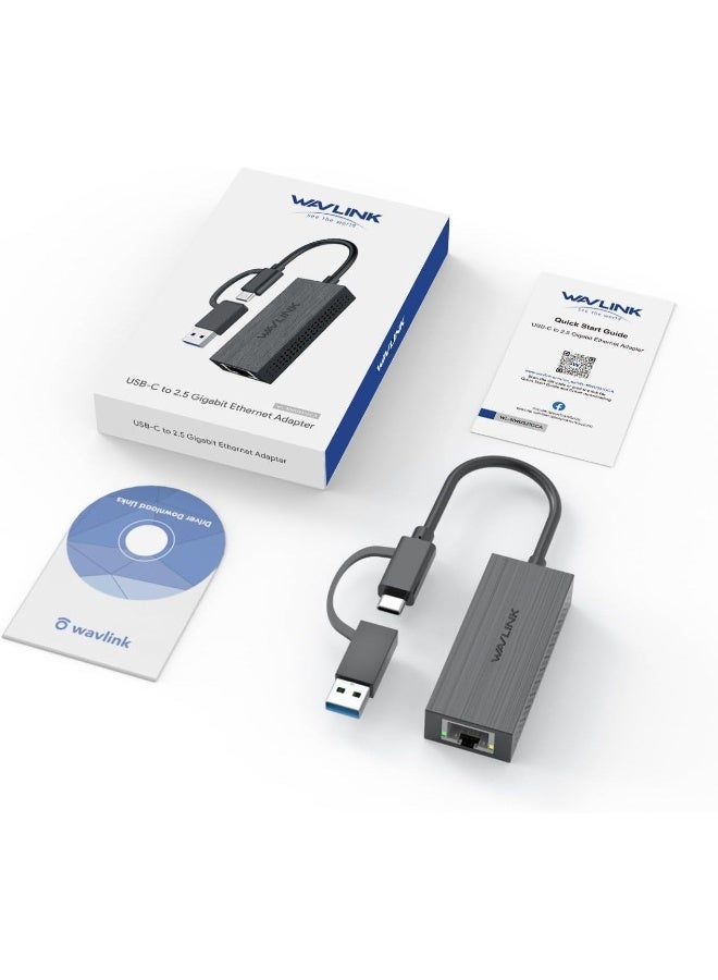 واف لينك WAVLINK USB C to Ethernet Adapter, 2.5GPS 2-in-1 USB 3.2 Type A/Type C/Thunderbolt 3 to 2.5 Gigabit RJ45 LAN Network Portable Cable Converter,Compatible for Microsoft Windows, Mac OS, iPadOS and More - Image 2