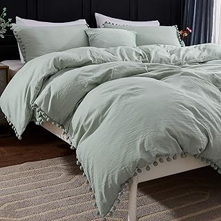 Andency Pom Pom Fringe Duvet Cover Queen Size (90x90 Inch), 3 Pieces (1 Solid Sage Green Duvet Cover, 2 Pillowcases) - Image 1