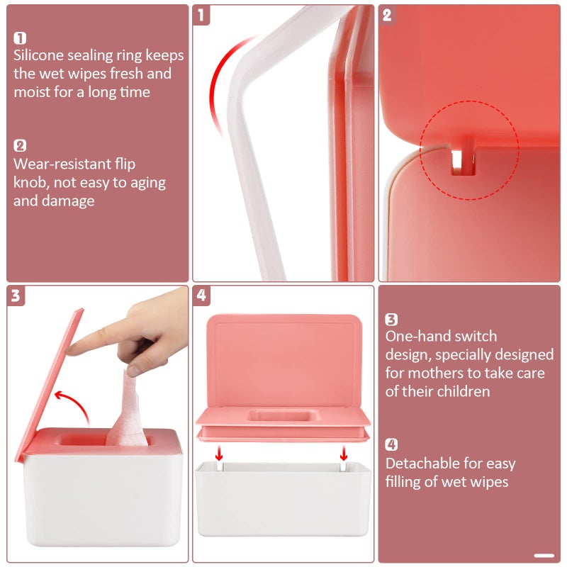 Whiidoom Diaper Wipes Dispenser Wipes Holder, Wipes Tissue Case Keeps Wipes Fresh Tissue Wipes Container with Lid (Pink) - Image 3