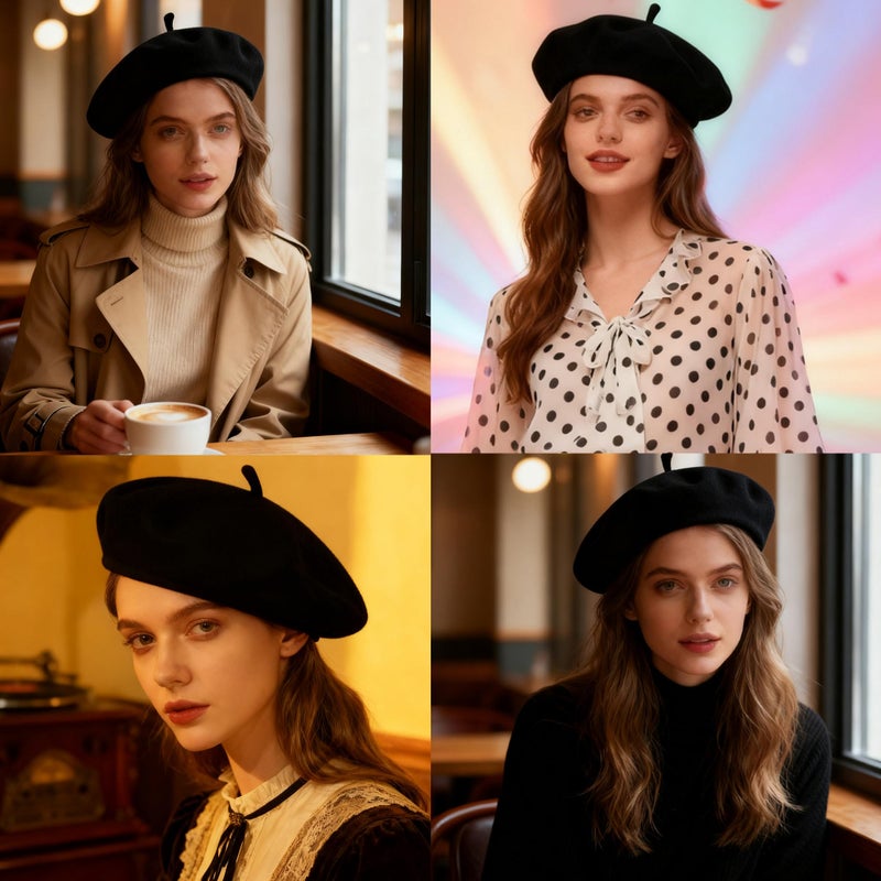 UTOWO Womens Wool French Beret Chic Solid Beanie Hat Stretchable Classic Beret 22.5" for One Size (as1, Alpha, one_Size, Solid Black, 22.5" fit for One Size) - Image 2