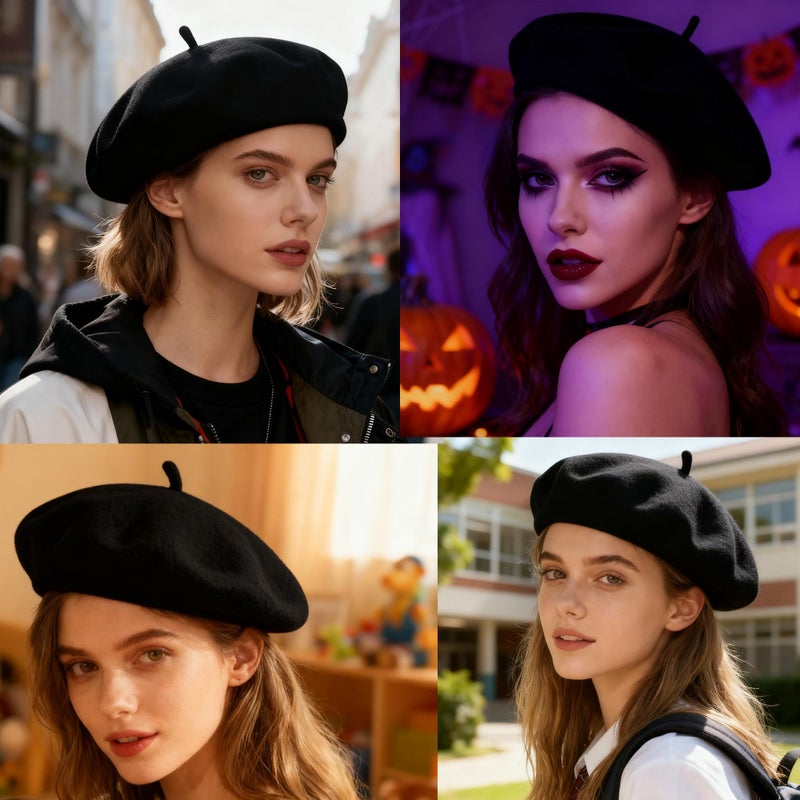 UTOWO Womens Wool French Beret Chic Solid Beanie Hat Stretchable Classic Beret 22.5" for One Size (as1, Alpha, one_Size, Solid Black, 22.5" fit for One Size) - Image 4