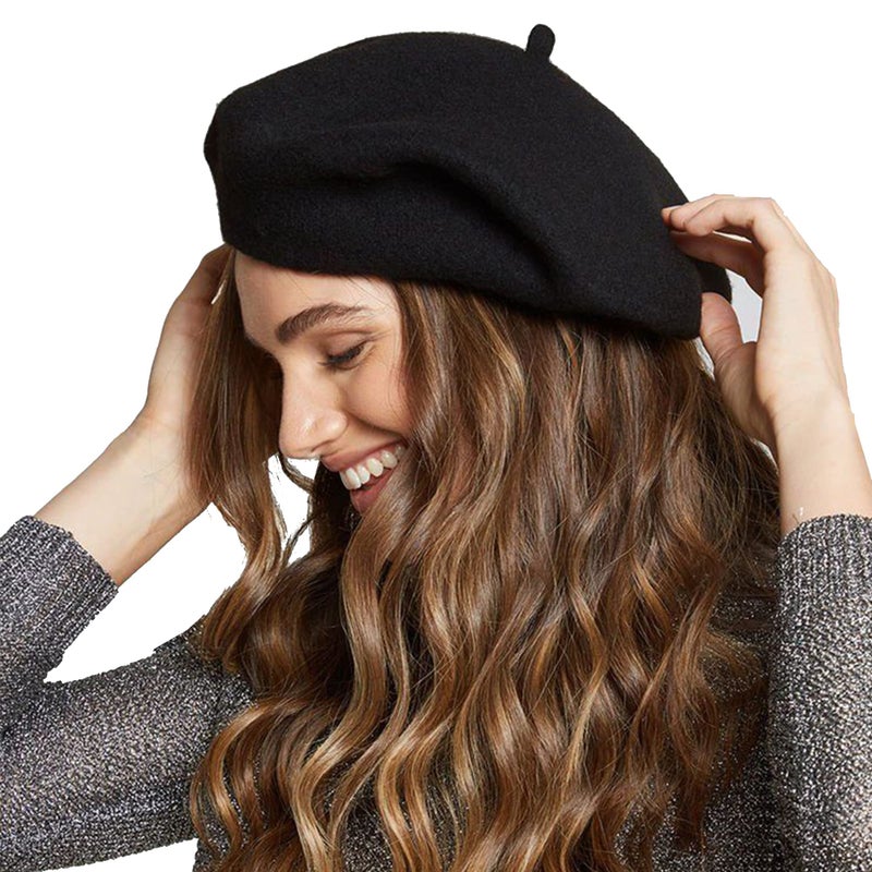 UTOWO Womens Wool French Beret Chic Solid Beanie Hat Stretchable Classic Beret 22.5" for One Size (as1, Alpha, one_Size, Solid Black, 22.5" fit for One Size) - Image 1