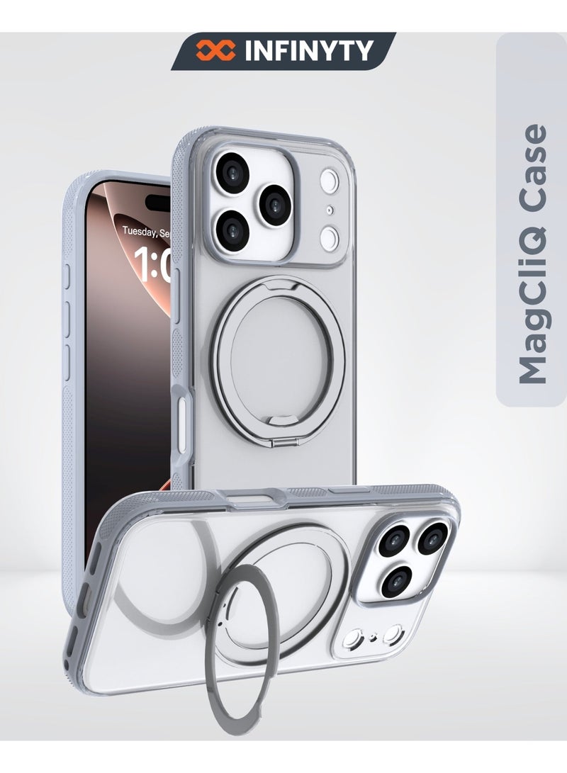 INFINYTY iPhone 17 Pro Max 360° Rotatable Ring Stand Case Pristine Grey, MagSafe Compatible, Multi-Angle Viewing, N52 Magnet, Military Grade Drop Protection, Precision Fit, Enhanced Button/Port Access Hands-Viewing, Raised Edge, Sleek & Lightweight, Infinyty Lite - Image 1