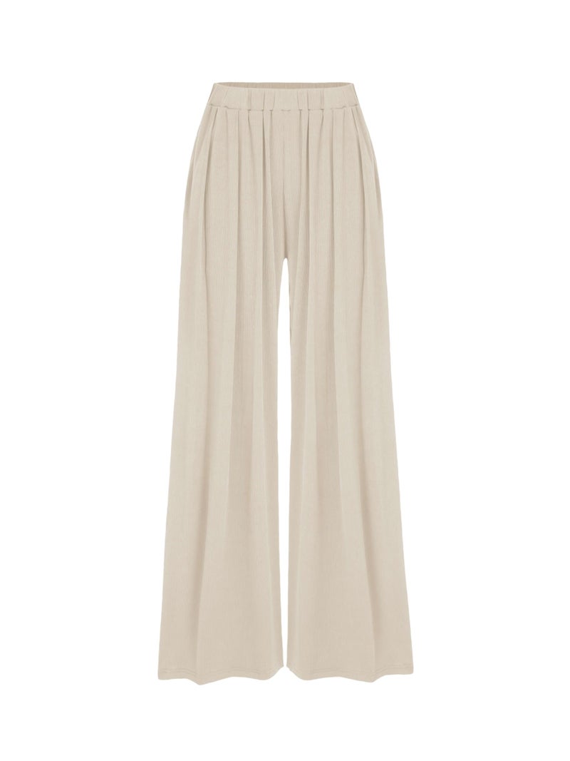 CIDER Palazzo Pants for Women Wide Leg Flowy Pants with Pockets Elastic Mid Waist Summer Beach Vacation Outfits Lightweight Beige - Image 1