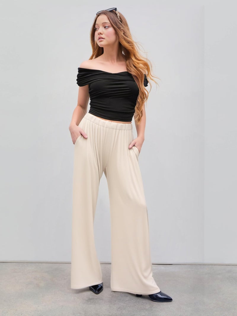 CIDER Palazzo Pants for Women Wide Leg Flowy Pants with Pockets Elastic Mid Waist Summer Beach Vacation Outfits Lightweight Beige - Image 3