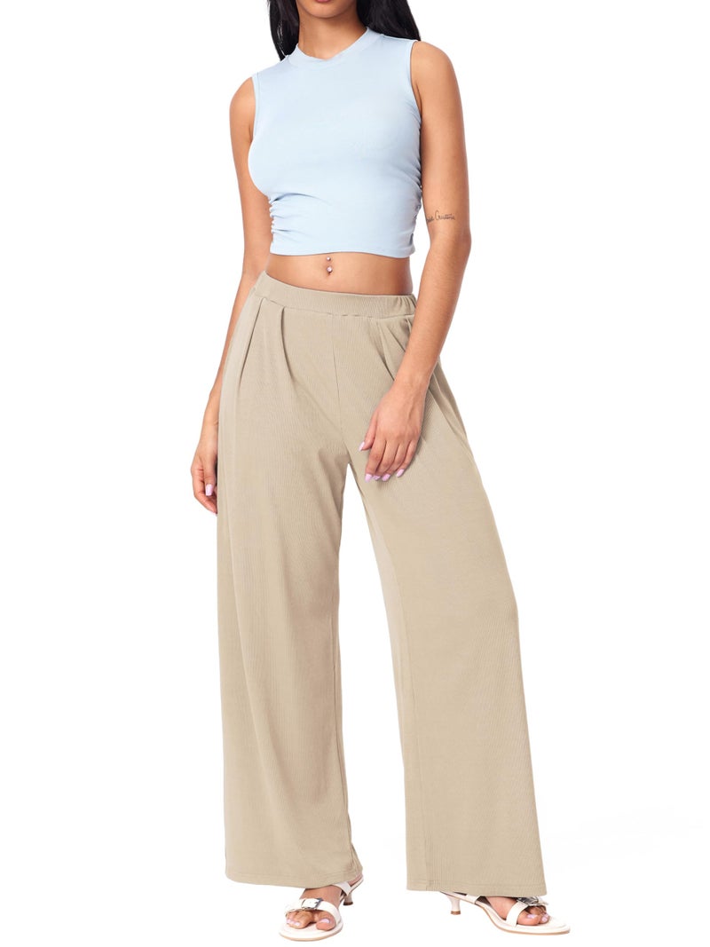 CIDER Palazzo Pants for Women Wide Leg Flowy Pants with Pockets Elastic Mid Waist Summer Beach Vacation Outfits Lightweight Beige - Image 5