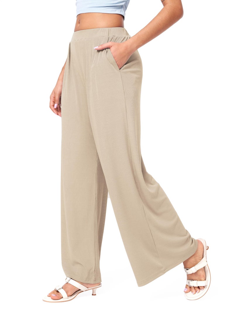 CIDER Palazzo Pants for Women Wide Leg Flowy Pants with Pockets Elastic Mid Waist Summer Beach Vacation Outfits Lightweight Beige - Image 4