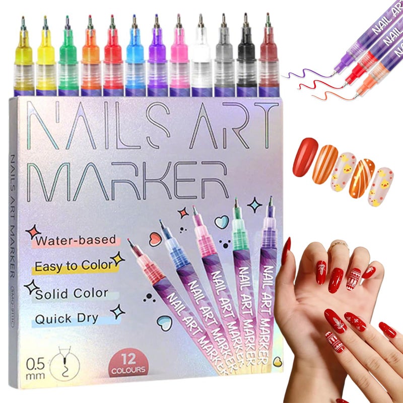 12 Colors Nail Art Pens Set, 2026 Upgraded Nail Art Markers, Fine Tip Nail Art Pen 0.5mm, Portable Nail Art Tools for Dotting Drawing Painting Liner DIY (12pcs) - Image 1